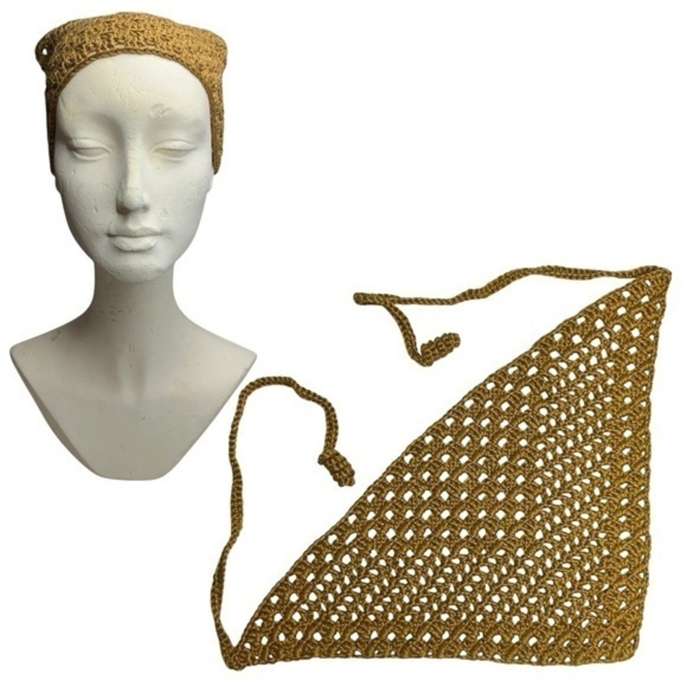 Elegant Gold Crochet‎ Triangle Headscarf Bandanna Handcrafted Bamboo Handmade